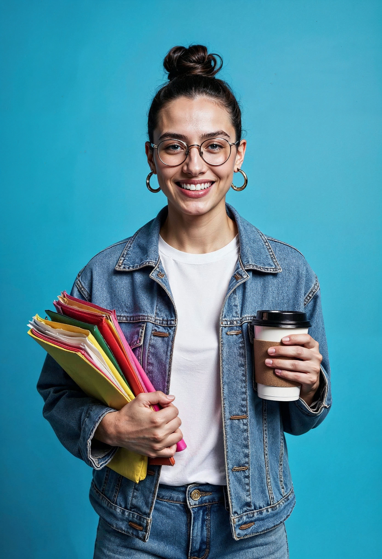 Aluna sorridente com cadernos e café