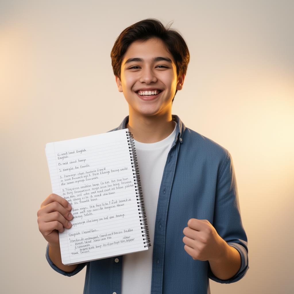 Aluno feliz aprendendo inglês